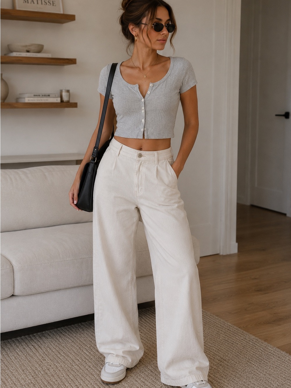 American Apparel Light Gray Ribbed Button Crop Top